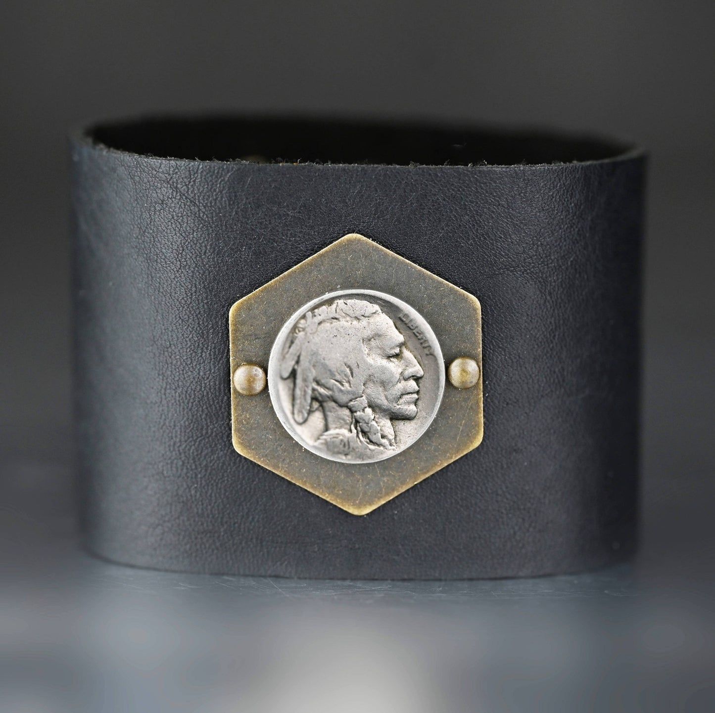 Unisex 2" Black Leather Cuff w/ Antique One of a Kind Coin