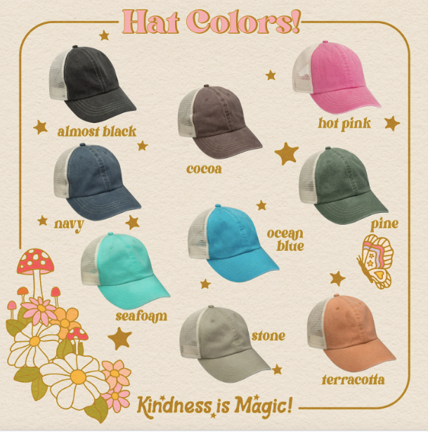 Baseball Trucker Hat with Embroidered Patch: Grow Together Mushroom / Seafoam