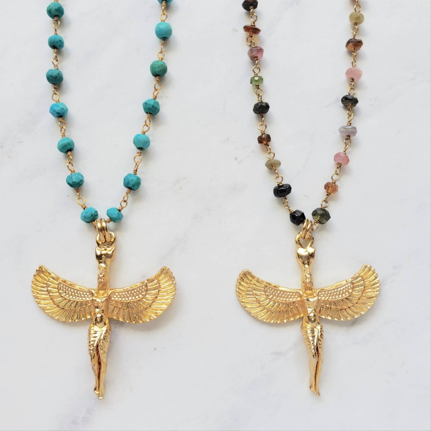 Winged Egyptian Goddess Isis on Watermelon Tourmaline