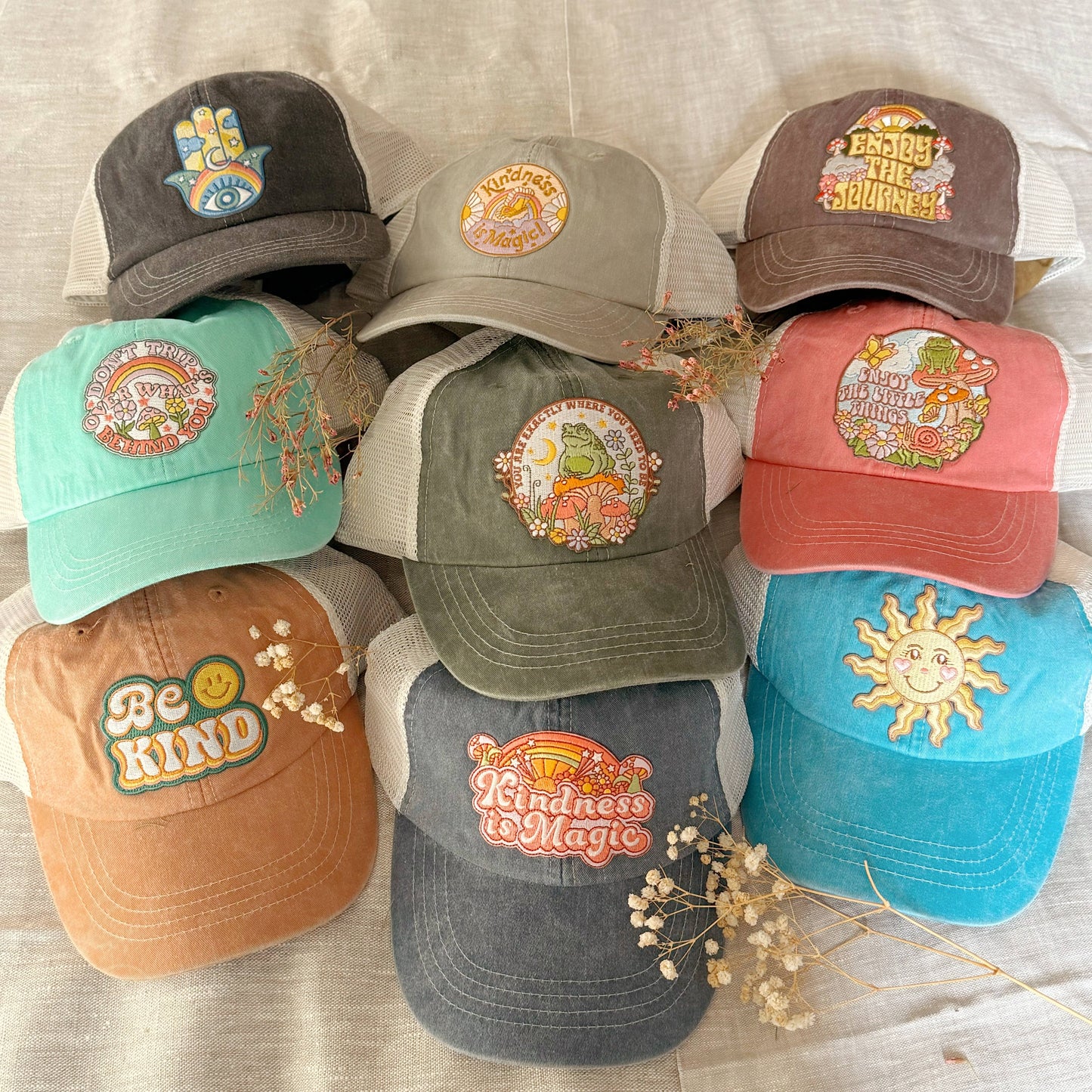 Baseball Trucker Hat with Embroidered Patch: Grow Together Mushroom / Seafoam