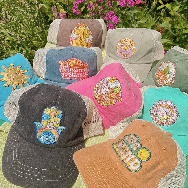 Baseball Trucker Hat with Embroidered Patch: Grow Together Mushroom / Seafoam