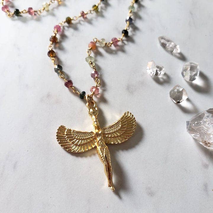 Winged Egyptian Goddess Isis on Watermelon Tourmaline