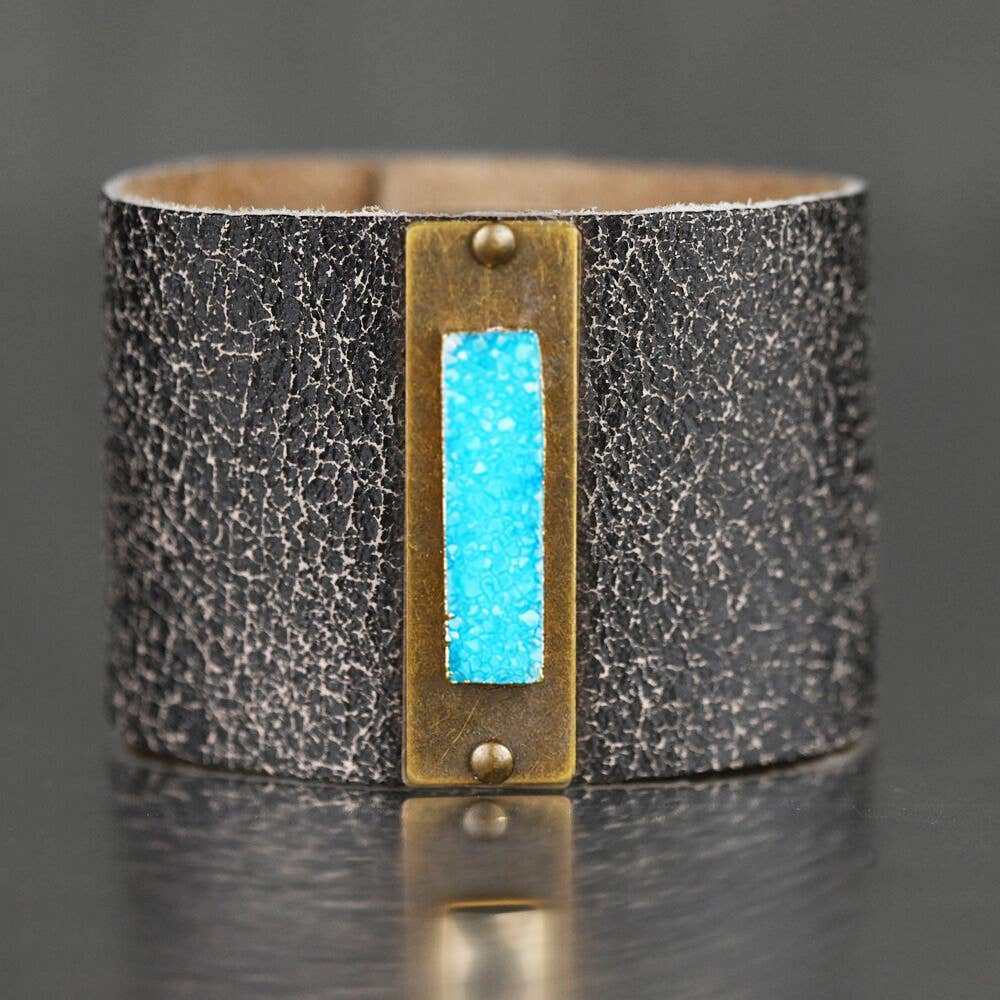 2" Leather Cuff w/ Turquoise Druzy - Soft Brown Distress