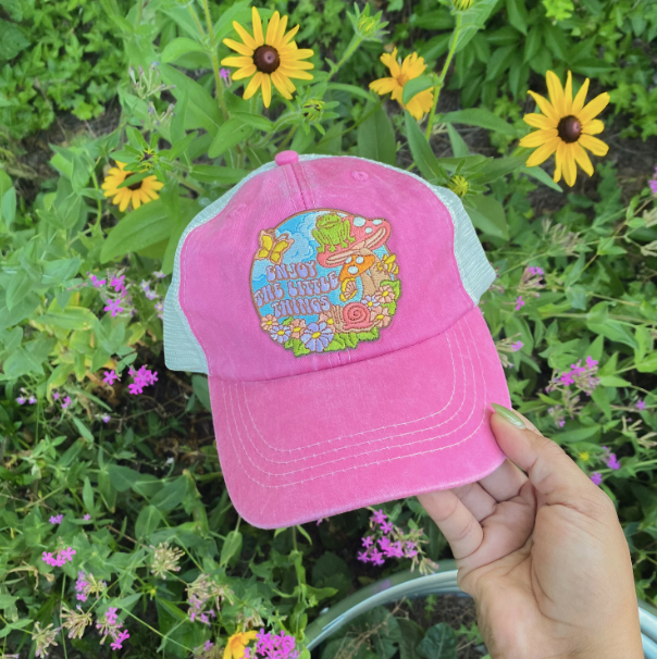 Baseball Trucker Hat with Embroidered Patch: Grow Together Mushroom / Seafoam