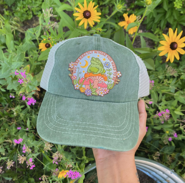 Baseball Trucker Hat with Embroidered Patch: Grow Together Mushroom / Seafoam