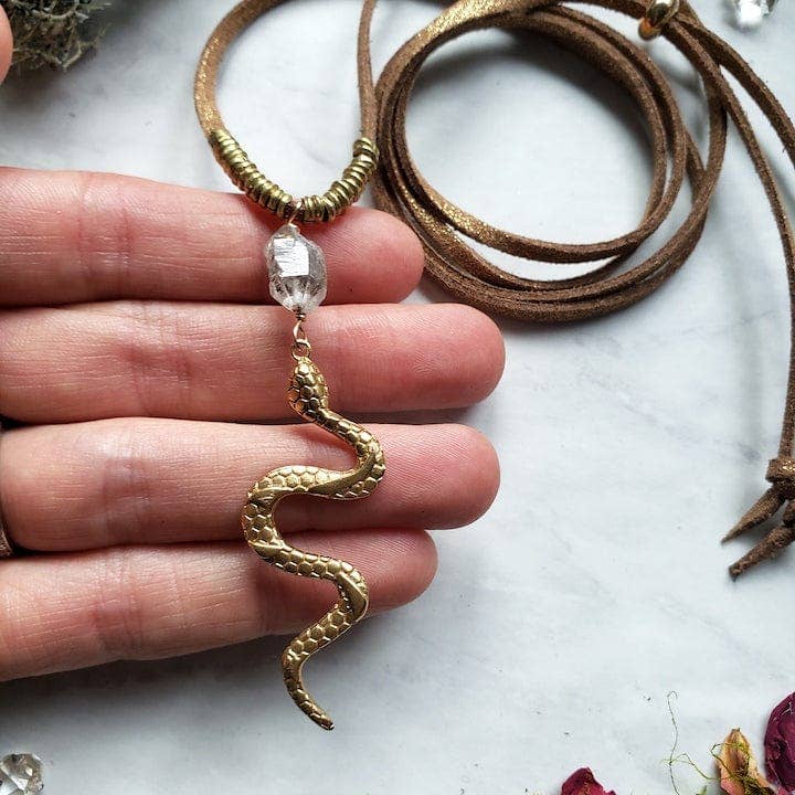 Golden Snake and Diamond Quartz Long Necklace
