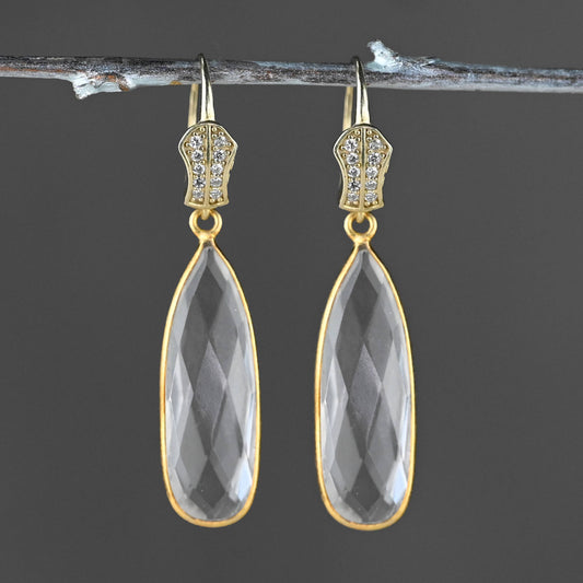 Pave Ear Wires with Large Crystal Quartz Drop Earrings