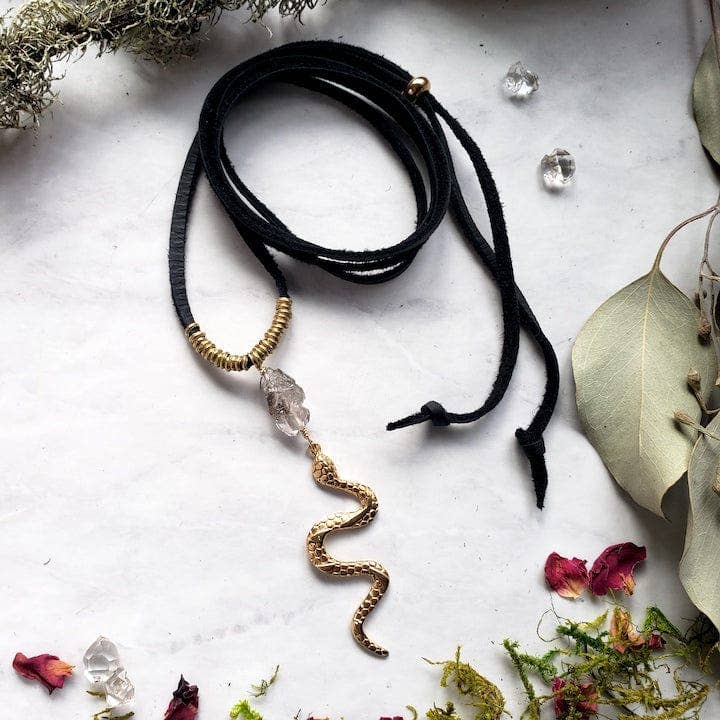 Golden Snake and Diamond Quartz Long Necklace