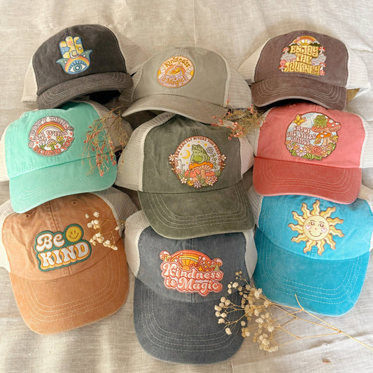 Baseball Trucker Hat with Embroidered Patch: Don't Trip Over What's Behind You / Hot Pink