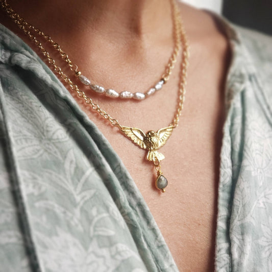 Golden Owl of Intuition Labradorite Pendant Necklace