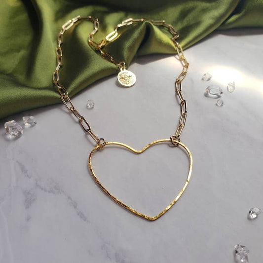 Big Heart Gold Paperclip Chain Necklace