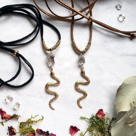 Golden Snake and Diamond Quartz Long Necklace
