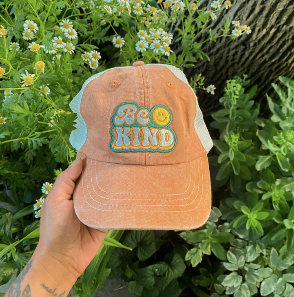 Baseball Trucker Hat with Embroidered Patch: Grow Together Mushroom / Seafoam