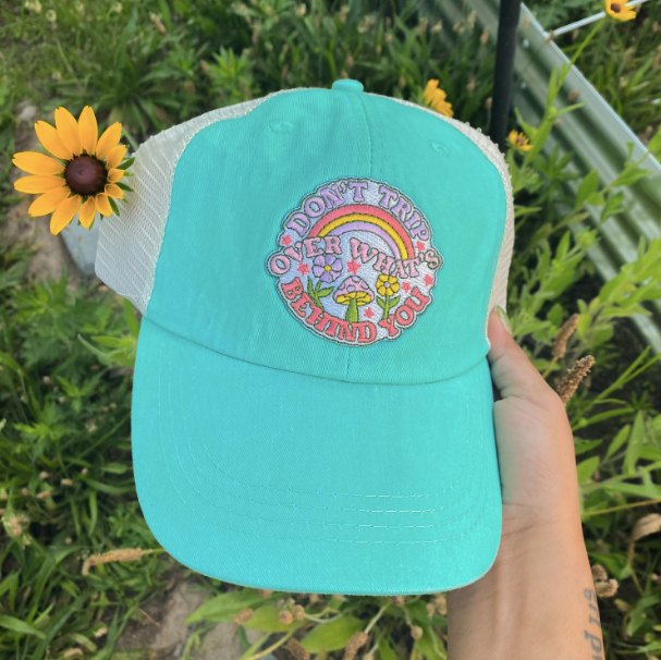 Baseball Trucker Hat with Embroidered Patch: Don't Trip Over What's Behind You / Hot Pink