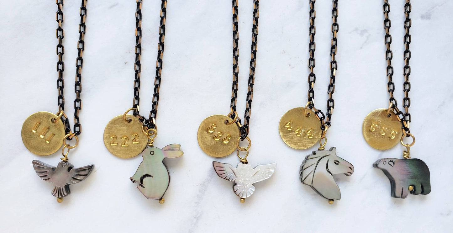 Mother of Pearl Animal Spirit + Angel number necklaces